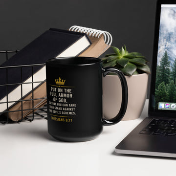 Lord and Armor Ephesians 6:11 black glossy coffee mug