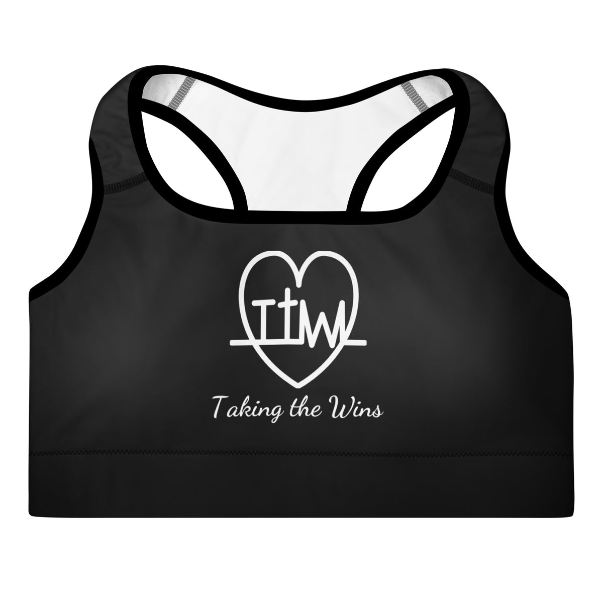 Front view of the Lord and Armor Taking the Wins sports bra in black, large TTW heartbeat cross heart with Taking the Wins in white script | Christian sports bra