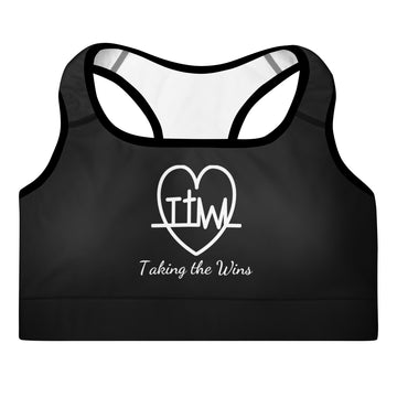 Front view of the Lord and Armor Taking the Wins sports bra in black, large TTW heartbeat cross heart with Taking the Wins in white script | Christian sports bra