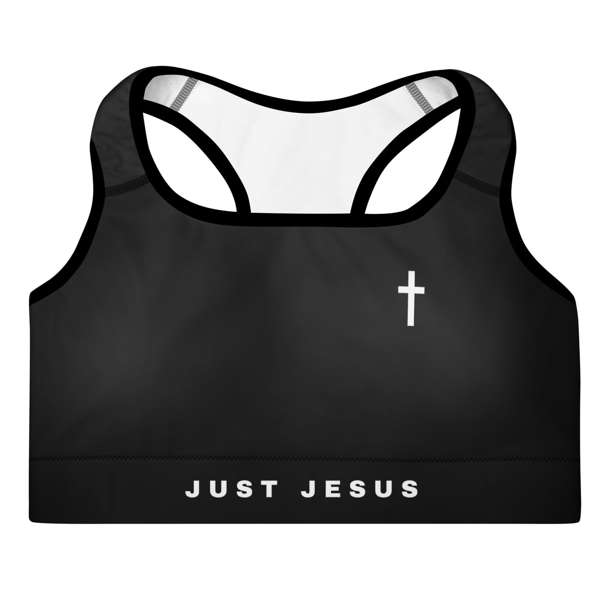 Front view of the Lord and Armor Just Jesus Band sports bra in black, small white cross on the left chest and JUST JESUS across the band | Christian sports bra