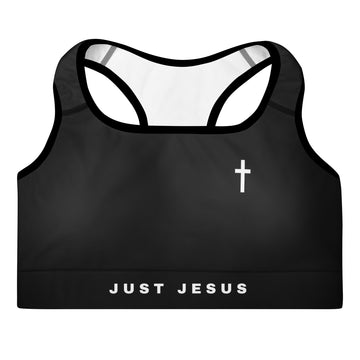 Front view of the Lord and Armor Just Jesus Band sports bra in black, small white cross on the left chest and JUST JESUS across the band | Christian sports bra