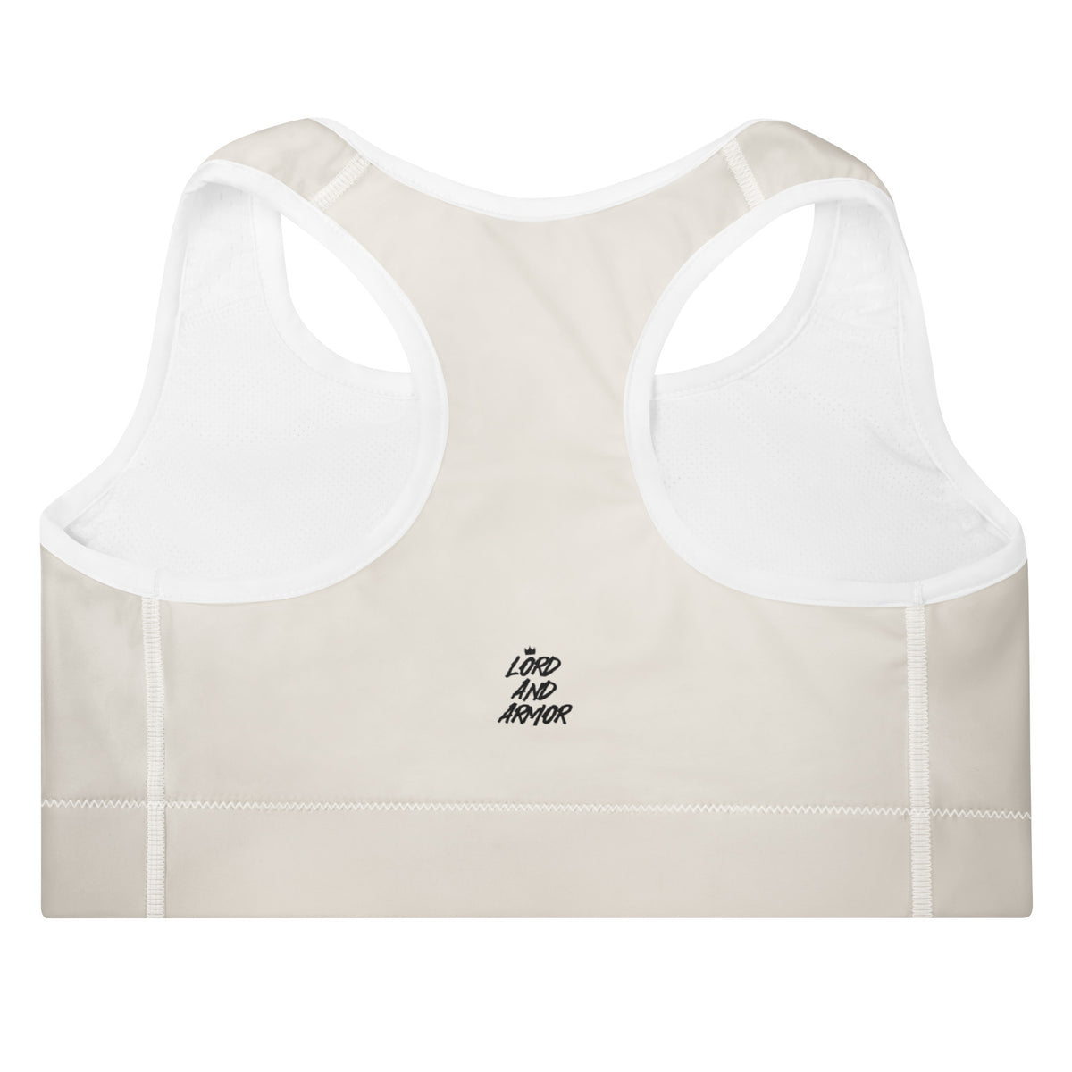 Back view of the Lord and Armor Taking the Wins Heart sports bra in cream, women’s Lord and Armor crown logo in black
