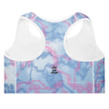 Back view of the Lord and Armor Just Jesus tie-dye sports bra in blue and pink, women’s Lord and Armor crown logo in black