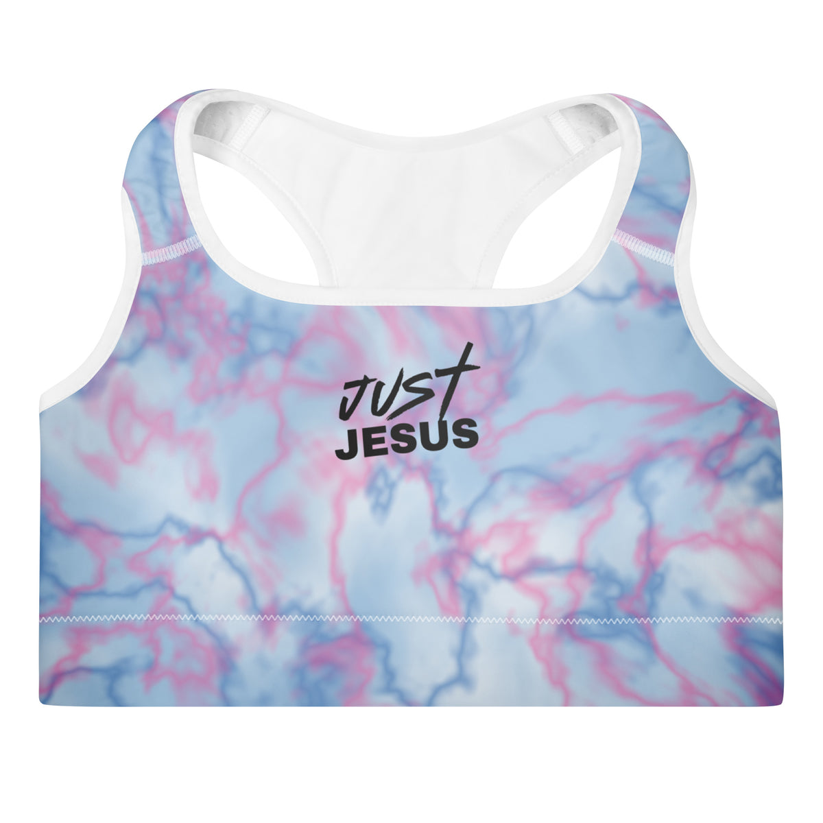 Front view of the Lord and Armor Just Jesus tie-dye sports bra in blue and pink, Just Jesus logo in black on the front | Christian sports bra