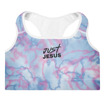 Front view of the Lord and Armor Just Jesus tie-dye sports bra in blue and pink, Just Jesus logo in black on the front | Christian sports bra