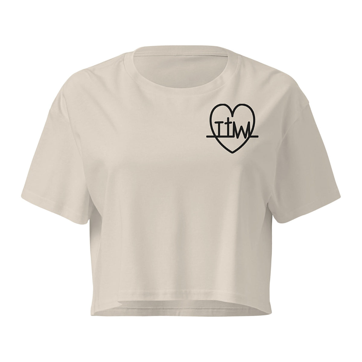 Taking the Wins heart crop top in Bone, front with small TTW heart on left chest