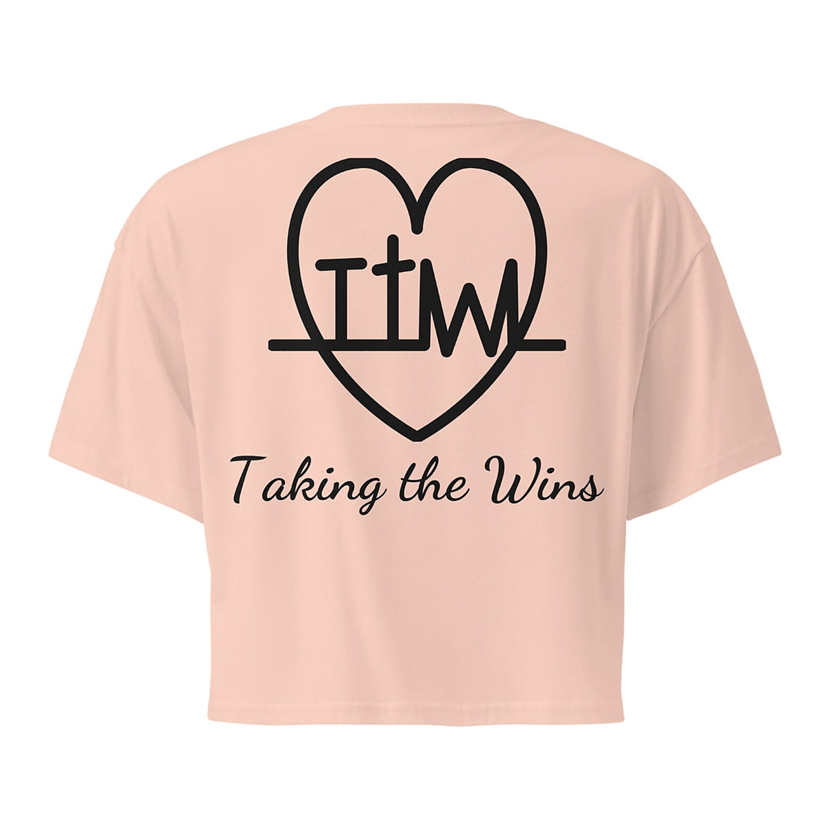Taking the Wins heart crop top in Pale Pink, back with large TTW heart and Taking the Wins script