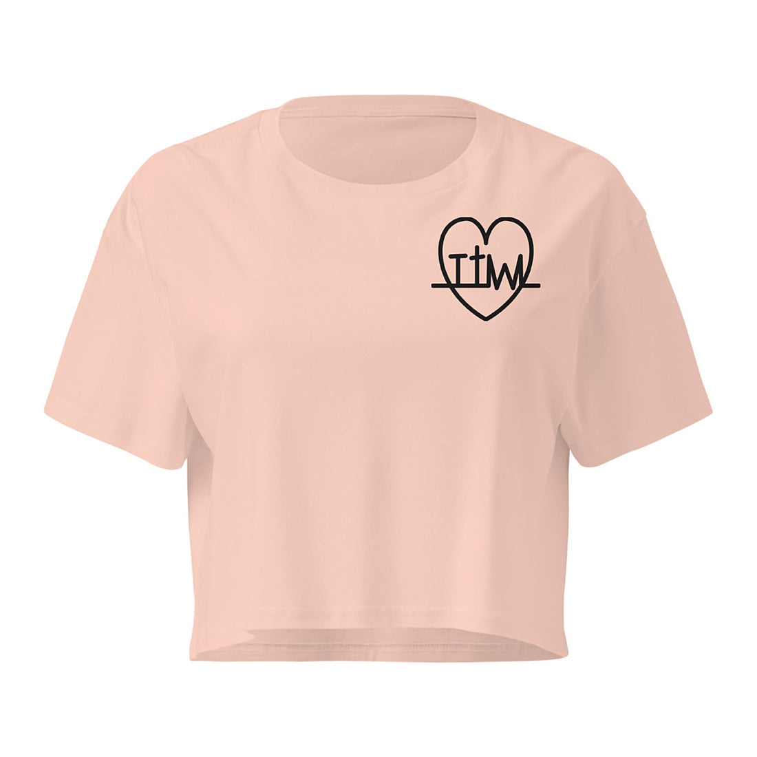 Taking the Wins heart crop top in Pale Pink, front with small TTW heart on left chest