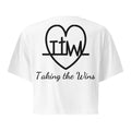 Taking the Wins heart crop top in White, back with large TTW heart and Taking the Wins script