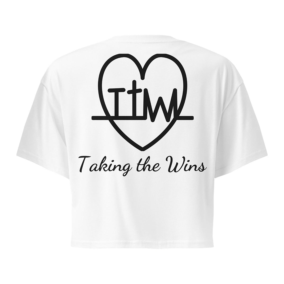 Taking the Wins heart crop top in White, back with large TTW heart and Taking the Wins script