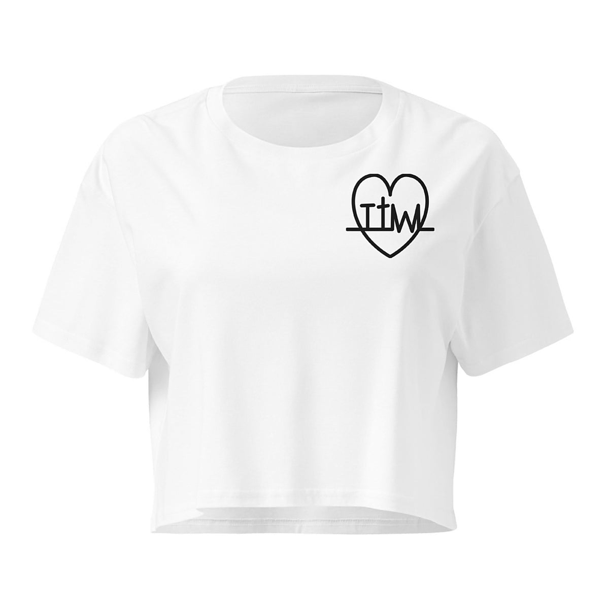 Taking the Wins heart crop top in White, front with small TTW heart on left chest
