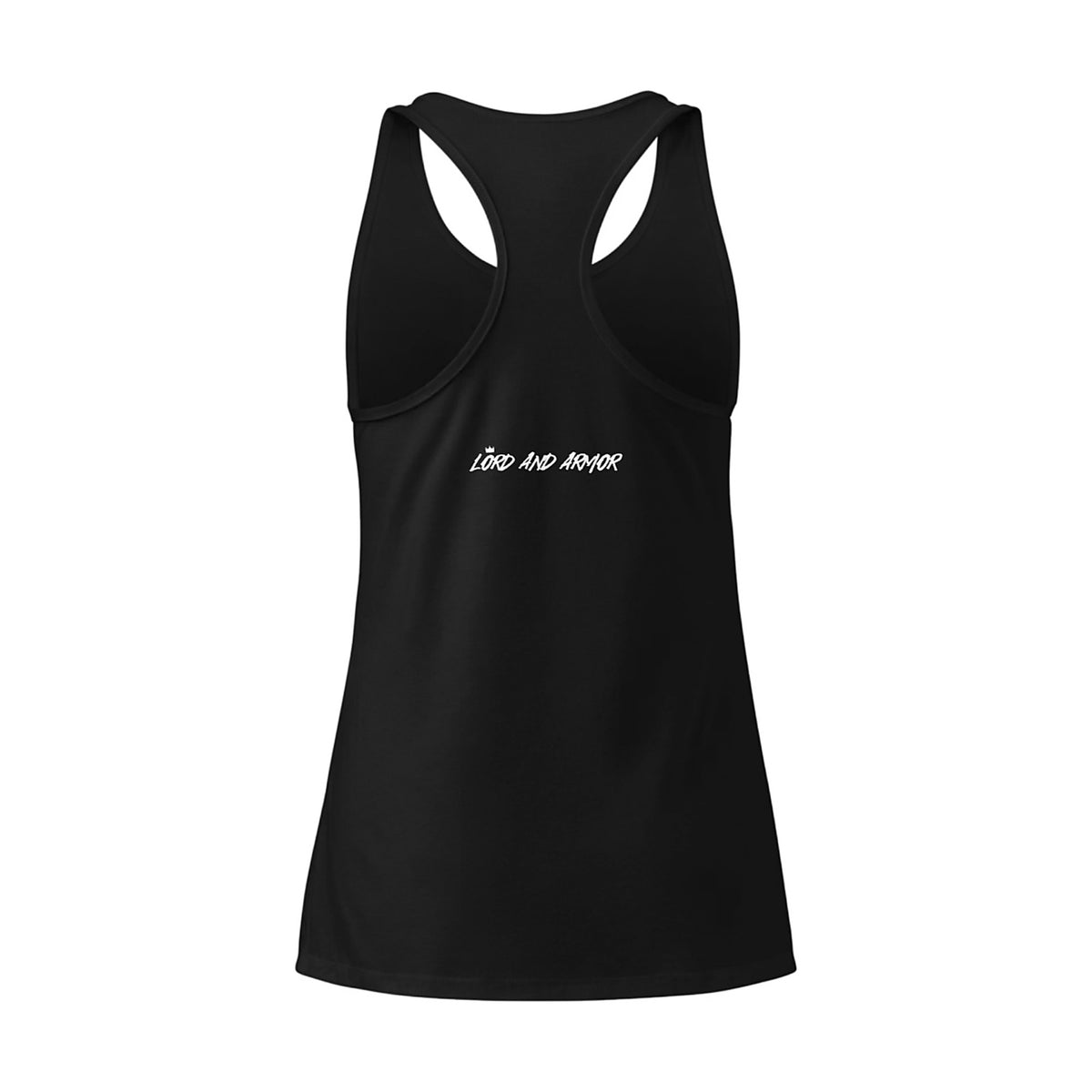 Black Taking the Wins racerback tank, back with Lord and Armor script logo
