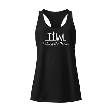 Black Taking the Wins racerback tank, front with TTW cross and Taking the Wins script in white