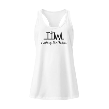 White Taking the Wins racerback tank, front with TTW cross and Taking the Wins script in black