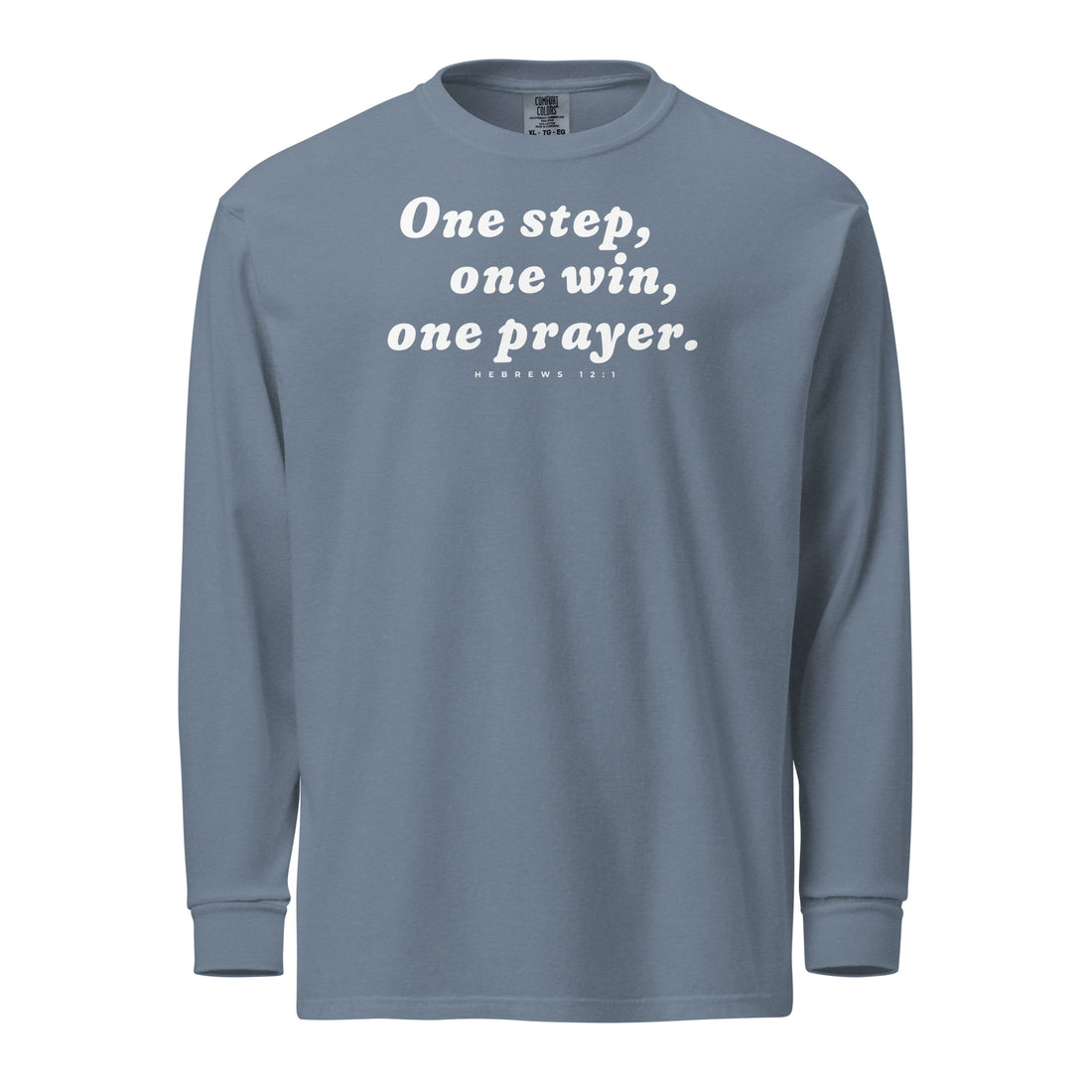 One Step One Win One Prayer long sleeve by Lord & Armor, Blue Jean | Christian mom shirt Hebrews 12:1