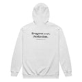 Back view of the Lord & Armor POP. zip hoodie in Ash, Progress over Perfection. with Philippians 3:12 on the back in dark lettering