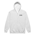 Front view of the Lord & Armor POP. zip hoodie in Ash, small POP. on the left chest in dark lettering