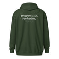 Back view of the Lord & Armor POP. zip hoodie in Forest Green, Progress over Perfection. with Philippians 3:12 on the back in white lettering