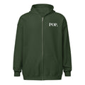 Front view of the Lord & Armor POP. zip hoodie in Forest Green, small POP. on the left chest in white lettering