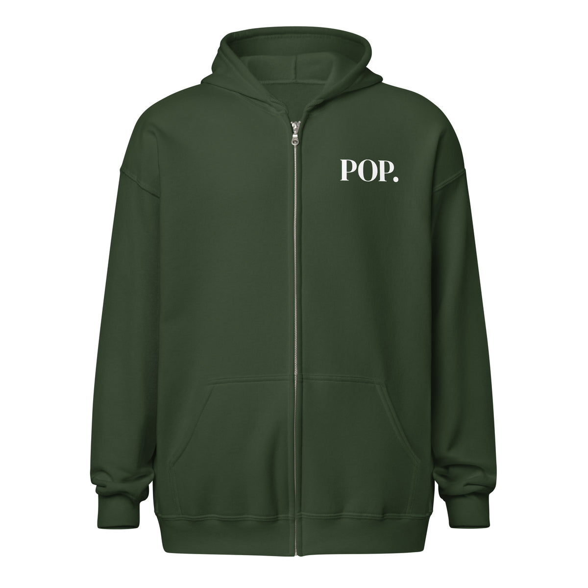 Front view of the Lord & Armor POP. zip hoodie in Forest Green, small POP. on the left chest in white lettering