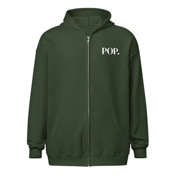 Front view of the Lord & Armor POP. zip hoodie in Forest Green, small POP. on the left chest in white lettering