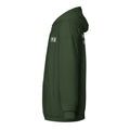Left side view of the Lord & Armor POP. zip hoodie in Forest Green, small POP. on the left chest in white lettering