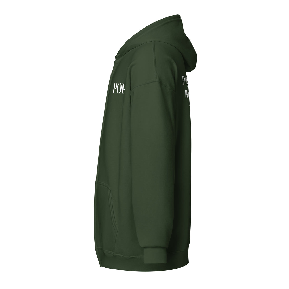 Left side view of the Lord & Armor POP. zip hoodie in Forest Green, small POP. on the left chest in white lettering