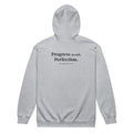 Back view of the Lord & Armor POP. zip hoodie in Sport Grey, Progress over Perfection. with Philippians 3:12 on the back in dark lettering