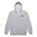 Front view of the Lord & Armor POP. zip hoodie in Sport Grey, small POP. on the left chest in dark lettering