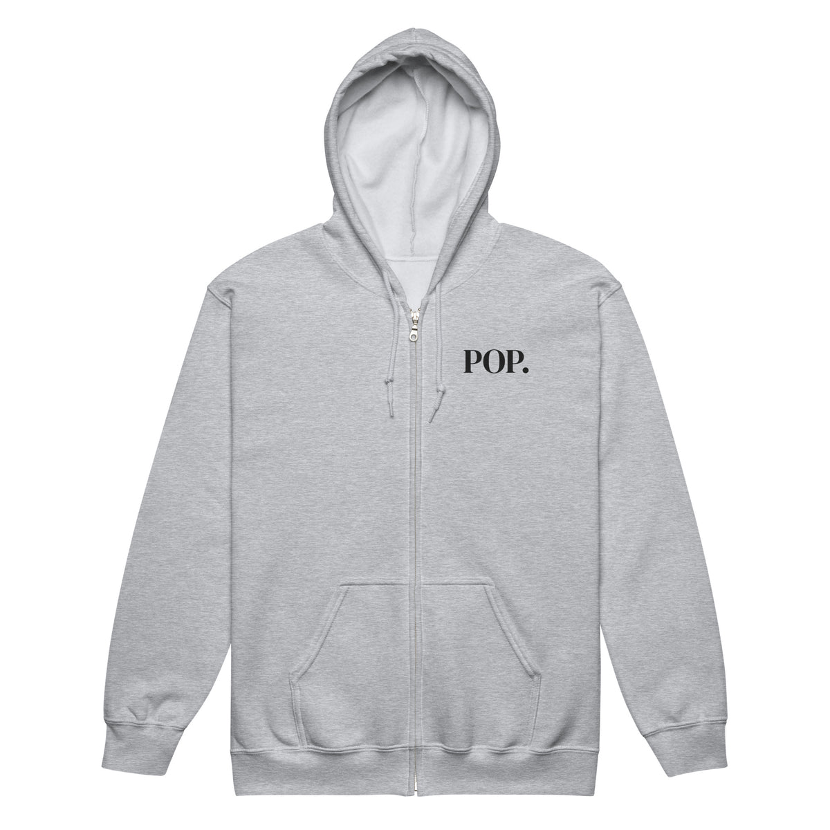 Front view of the Lord & Armor POP. zip hoodie in Sport Grey, small POP. on the left chest in dark lettering