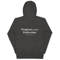 Back view of the Lord & Armor POP. pullover hoodie in Charcoal Heather, Progress over Perfection. with Philippians 3:12 on the back in white lettering