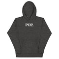 Front view of the Lord & Armor POP. pullover hoodie in Charcoal Heather, centered POP. on the front in white lettering