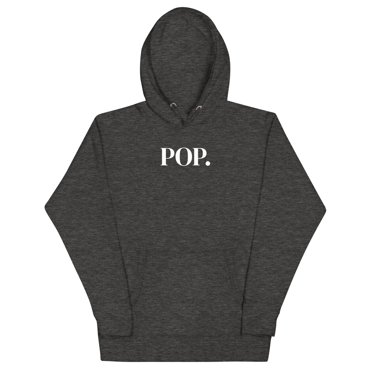 Front view of the Lord & Armor POP. pullover hoodie in Charcoal Heather, centered POP. on the front in white lettering