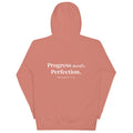 Back view of the Lord & Armor POP. pullover hoodie in Dusty Rose, Progress over Perfection. with Philippians 3:12 on the back in white lettering
