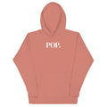 Front view of the Lord & Armor POP. pullover hoodie in Dusty Rose, centered POP. on the front in white lettering