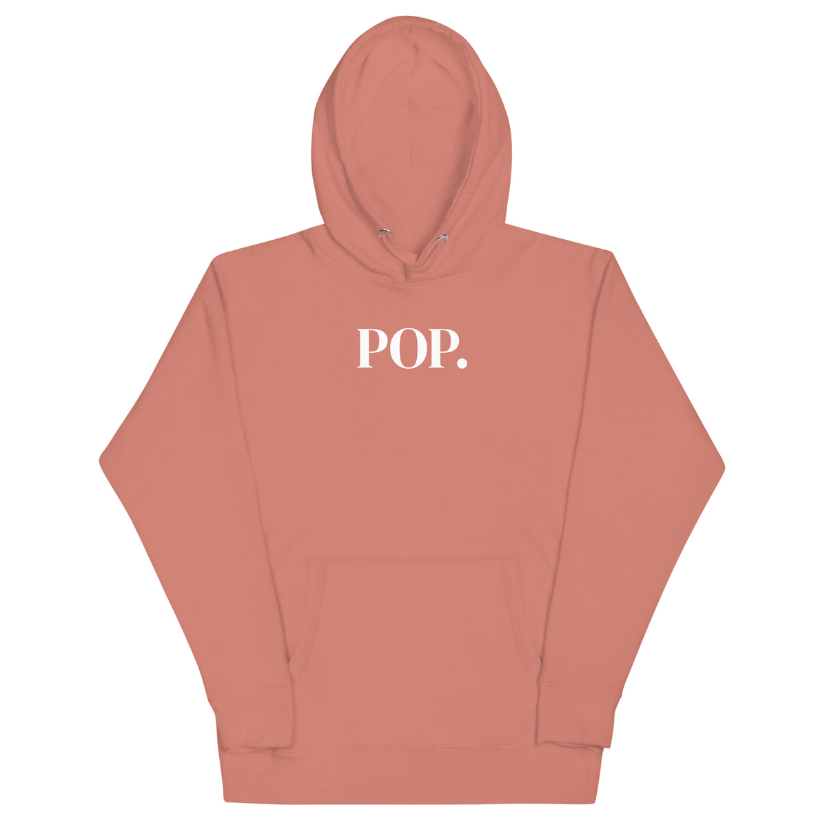 Front view of the Lord & Armor POP. pullover hoodie in Dusty Rose, centered POP. on the front in white lettering
