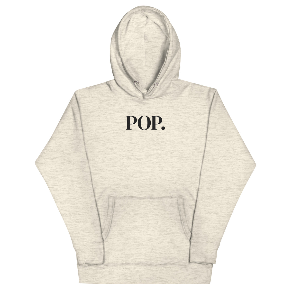 Front view of the Lord and Armor POP. pullover hoodie in Oatmeal Heather, centered POP. on the front in dark lettering