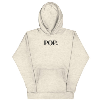 Front view of the Lord and Armor POP. pullover hoodie in Oatmeal Heather, centered POP. on the front in dark lettering